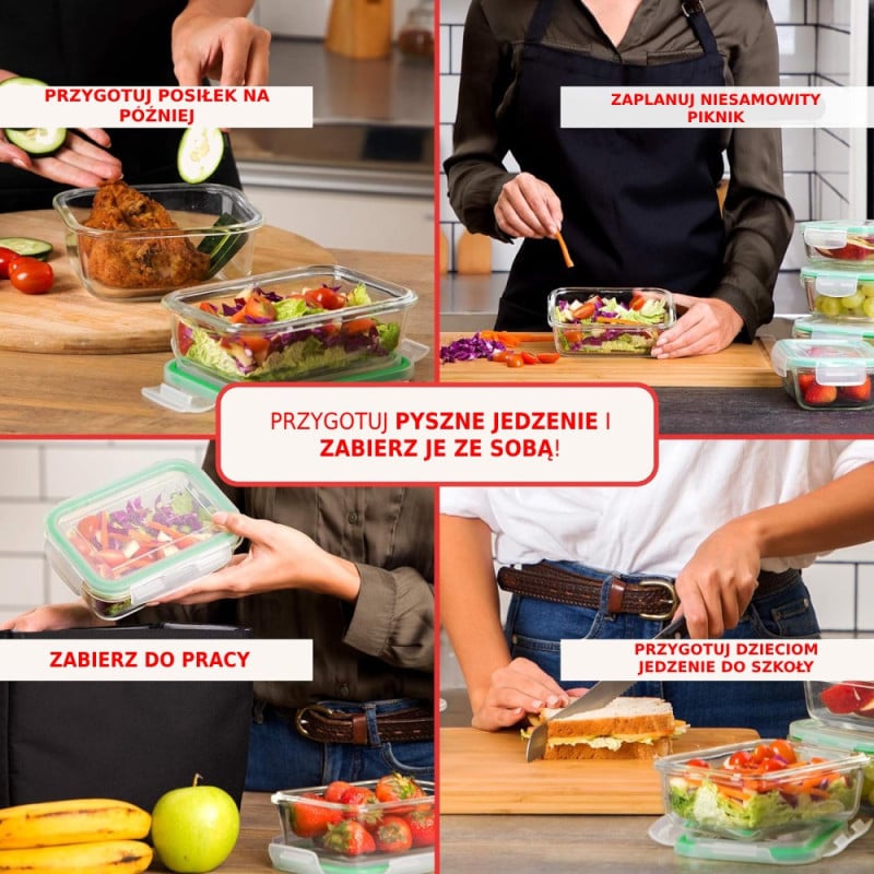 Zestaw 8 pojemników szklanych lunchbox GierekHoff Corio żaroodporne hermetyczne prostokątne kwadratowe GH 1114 1115