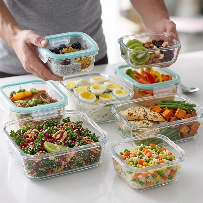 Zestaw 8 pojemników szklanych lunchbox GierekHoff Corio żaroodporne hermetyczne prostokątne kwadratowe GH 1114 1115
