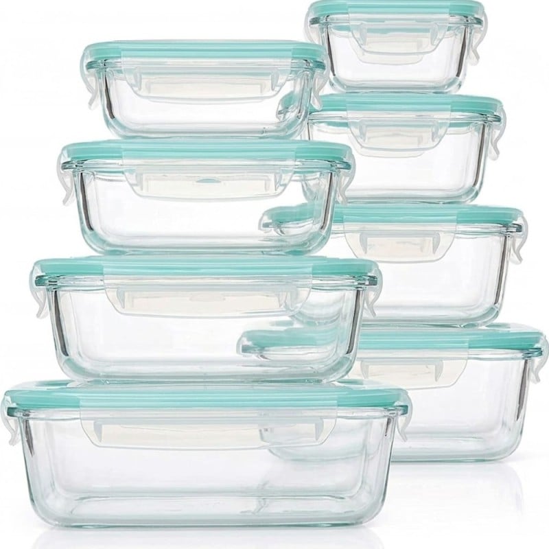 Zestaw 8 pojemników szklanych lunchbox GierekHoff Corio żaroodporne hermetyczne prostokątne kwadratowe GH 1114 1115