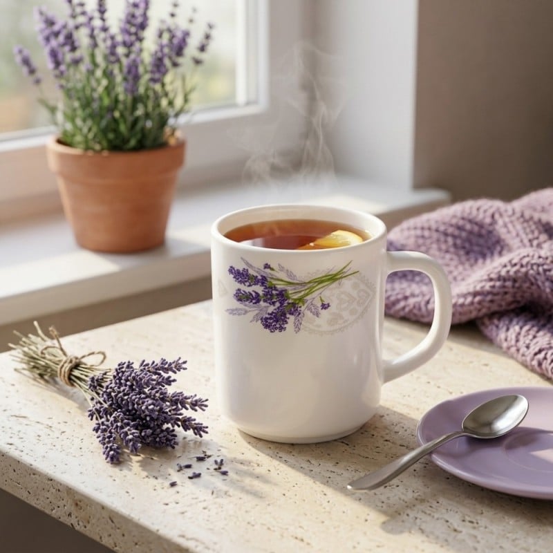 Kubki szklane 270 ml komplet 6 kubków Esmene Lavander białe wzór lawenda