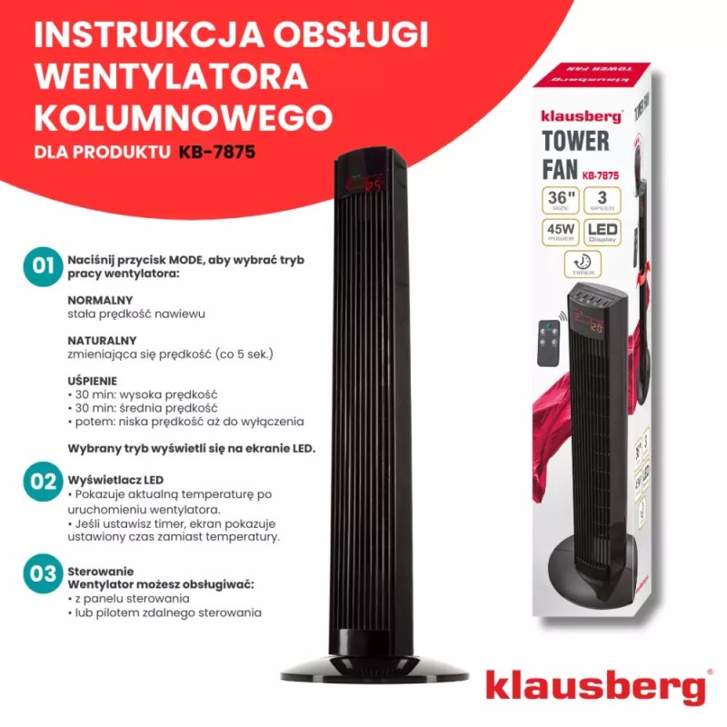 Wentylator podłogowy kolumnowy Klausberg KB 7875 wiatrak stojący 45W LCD pilot