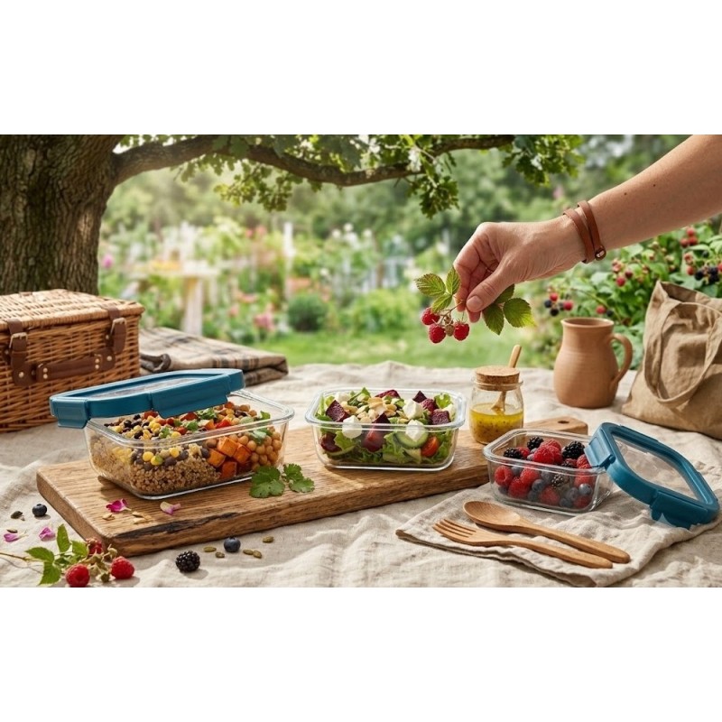 Zestaw 3 pojemników szklanych lunchbox GierekHoff Corio Glass żaroodporne hermetyczne prostokątne GH 1117