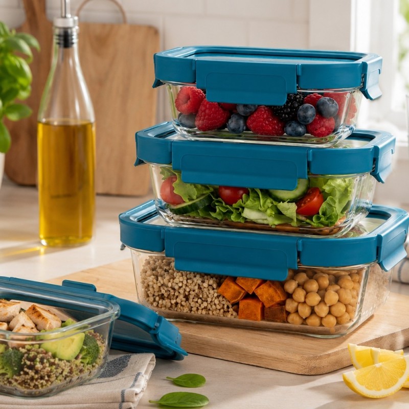 Zestaw 3 pojemników szklanych lunchbox GierekHoff Corio Glass żaroodporne hermetyczne prostokątne GH 1117