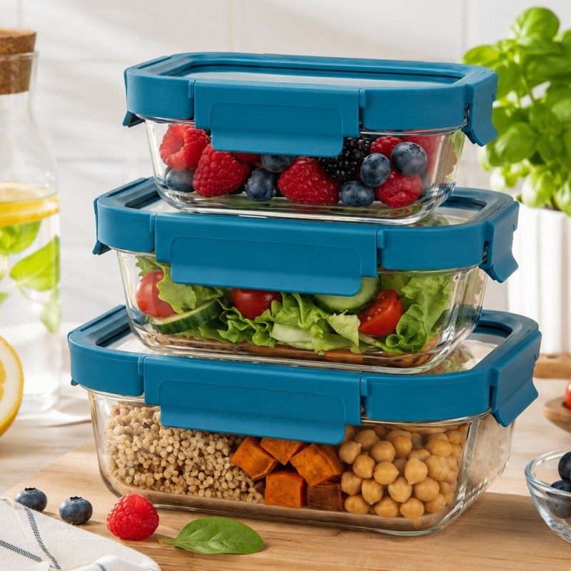Zestaw 3 pojemników szklanych lunchbox GierekHoff Corio Glass żaroodporne hermetyczne prostokątne GH 1117