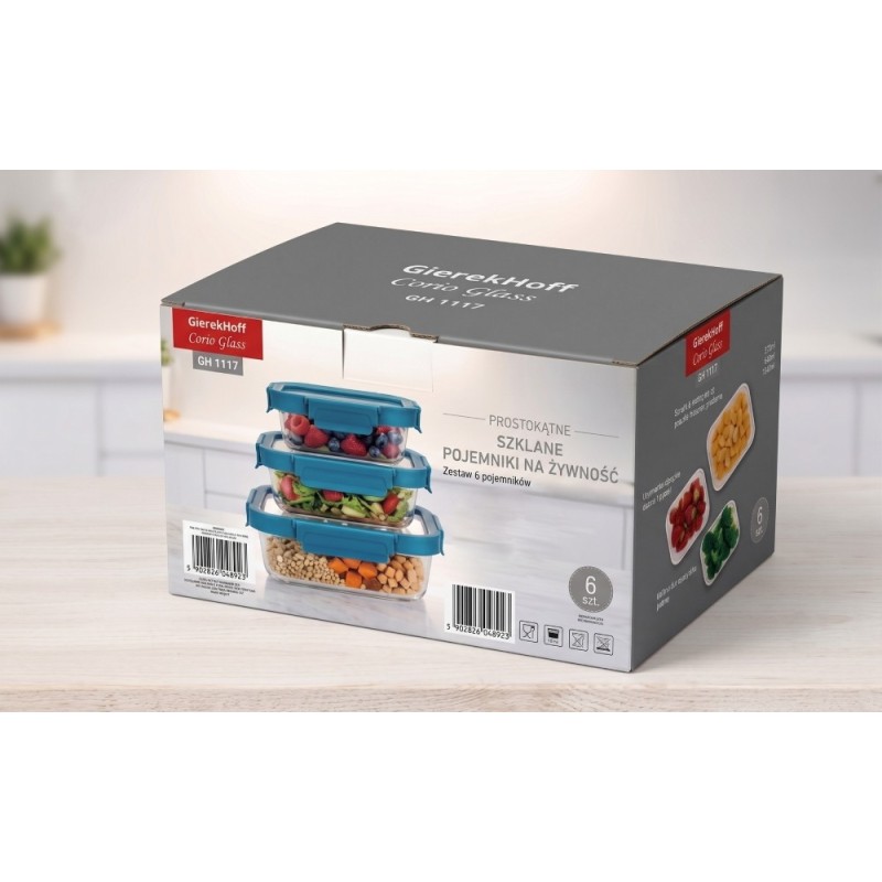 Zestaw 3 pojemników szklanych lunchbox GierekHoff Corio Glass żaroodporne hermetyczne prostokątne GH 1117