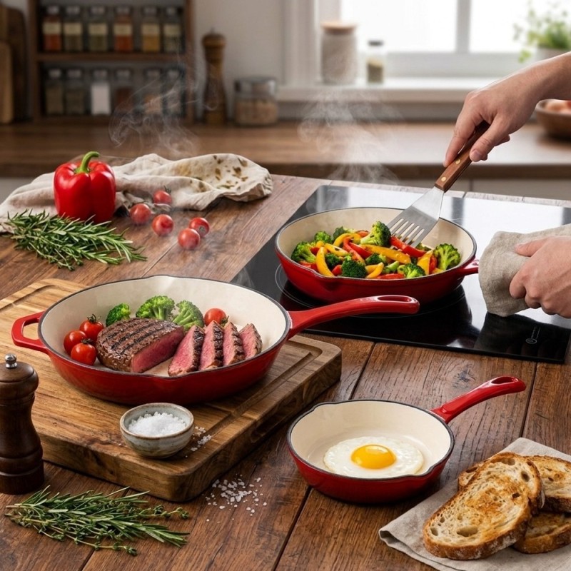 Zestaw 3 patelnie żeliwne emaliowane 20/25/30 cm GierekHoff Żeliwna Tradycja ciężkie głębokie indukcja gaz ognisko grill GH 6002