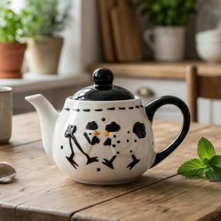 Dzbanek porcelanowy biały  z wzorem w czarne kury imbryk do zaparzania herbaty 510ml Odelo