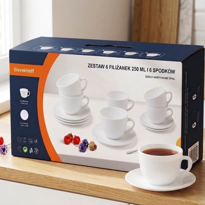Zestaw 6 filiżanek 250 ml ze spodkami GierekHoff Lumiere dla 6 osób białe GH 1245