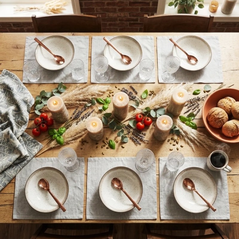 Serwis obiadowy porcelana 18 elementów Atom Hello Sand beżowe talerze dla 6 osób nakrapiane