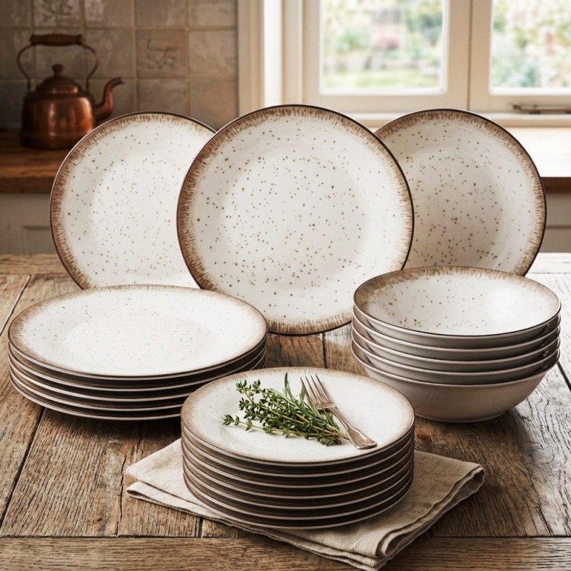 Serwis obiadowy porcelana 24 elementy Atom Hello Sand beżowe talerze kubki dla 6 osób nakrapiane