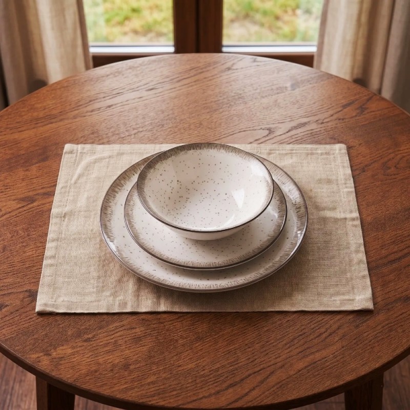 Serwis obiadowy porcelana 24 elementy Atom Hello Sand beżowe talerze kubki dla 6 osób nakrapiane