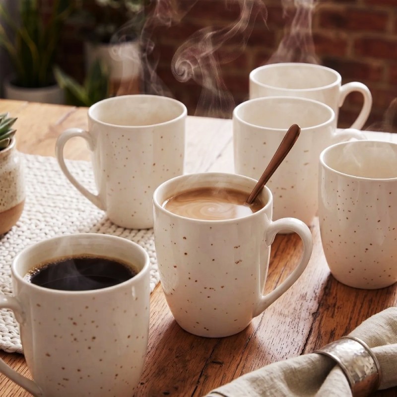 Serwis obiadowy porcelana 24 elementy Atom Hello Sand beżowe talerze kubki dla 6 osób nakrapiane