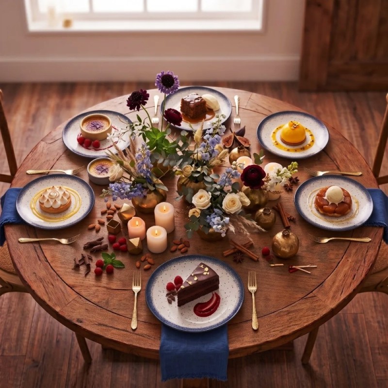 Serwis obiadowy porcelana 18 elementów Atom Hello Blue talerze dla 6 osób granatowe nakrapiane