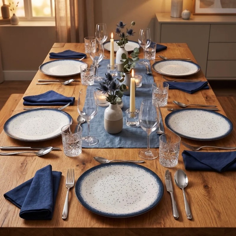 Serwis obiadowy porcelana 24 elementy Atom Hello Blue talerze kubki dla 6 osób granatowe nakrapiane
