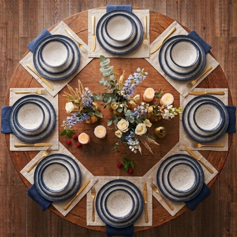 Serwis obiadowy porcelana 24 elementy Atom Hello Blue talerze kubki dla 6 osób granatowe nakrapiane