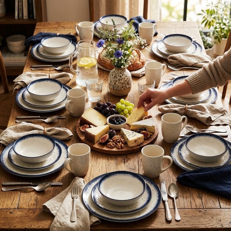 Serwis obiadowy porcelana 24 elementy Atom Hello Blue talerze kubki dla 6 osób granatowe nakrapiane